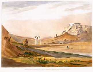 Jupiter temploma és az Akropolisz, az athéni stadionból, London 1835-ben (színes akvatinta)